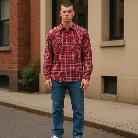 Diesel Flannel Plaid Long Sleeve Red Blue White Casual Button Down Shirt - Picture 2 of 8